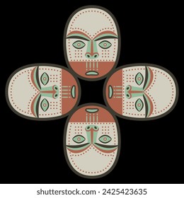 Quadratische Kreuzform mit vier Masken von Eskimo- oder Inuit-Indianern. Ethnisch indigenes Design. Auf schwarzem Hintergrund.