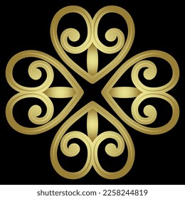 Square cross shape with four ornate heart symbols. Medieval design. Golden glossy silhouette on black background.
