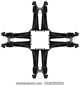 Square cross shape frame design with standing medieval women in Gothic costumes. Black and white silhouette.