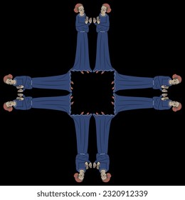 Square cross shape frame design with standing medieval women wearing blue dresses. On black background.