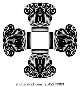 Square cross shape frame. Ethnic ancient Egyptian motifs. Antique geometrical ornament with spirals and palmette motives. Abstract background with stylized lotus flowers. Black and white silhouette.