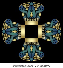 Square cross shape frame with ethnic ancient Egyptian motifs. Geometrical ornament with stylized lotus flowers. Gold and blue design on black background.