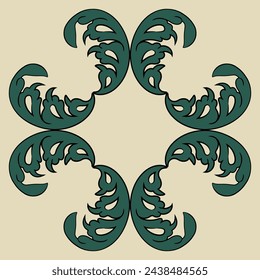 Square cross shape frame with stylized leaves. Vintage floral motif. 
