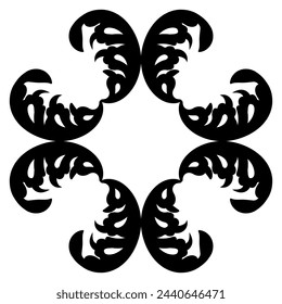 Square cross shape frame with stylized leaves. Vintage floral motif. Black silhouette on white background.