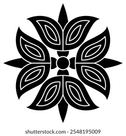 Square cross shape geometrical design with four stylized flowers. Folk style. Black and white silhouette.