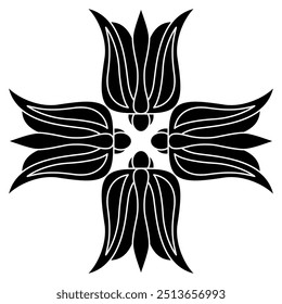 Square cross shape geometrical floral design with four tulip or lily flowers. Black and white silhouette.