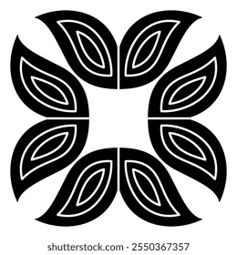 Square cross shape geometrical frame design with four stylized flowers. Folk style. Black and white silhouette.