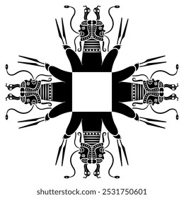 Square cross shape geometrical ornament or frame with ancient Egyptian god Bes and snakes. Ethnic design. Black and white silhouette.