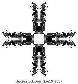 Square cross shape geometrical ornament or frame with standing Mayan men. Hero twins. Indigenous Native American design. Black and white silhouette.