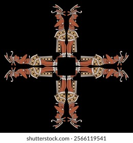 Square cross shape geometrical ornament or frame with standing Mayan men. Hero twins. Indigenous Native American design. On black background.