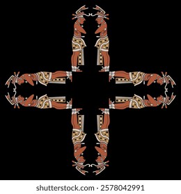 Square cross shape geometrical ornament or frame with standing Mayan men. Hero twins. Indigenous Native American design. On black background.