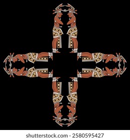 Square cross shape geometrical ornament or frame with standing Mayan men. Hero twins. Indigenous Native American design. On black background.