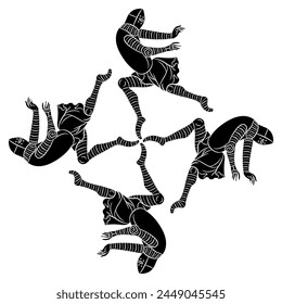 Square cross shape mandala with four medieval knights. Black and white silhouette.