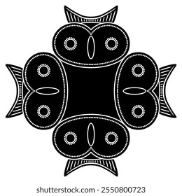 Square cross shape ornament or background with four stylized funny owl faces. Indigenous animal design from ancient Columbia. Black and white silhouette.