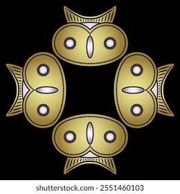 Square cross shape ornament or background with four stylized funny owl faces. Indigenous animal design from ancient Columbia.