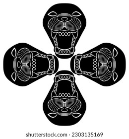 Square cross shape ornament with four head of grinning lions with open mouths. Feline masks. Ancient Assyrian animal design. Black and white negative silhouette.
