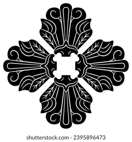 Square cross shape ornament with four floral palmette or shell motifs from Sanchi, India. Black and white silhouette.