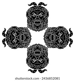 Square cross shape ornament with four antique masks of satyr or god Pan. Faces of bearded horned men. Black and white silhouette.