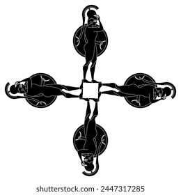 Adorno cuadrado en forma de cruz con cuatro antiguos guerreros griegos de pie con escudos y cascos. Estilo de pintura de jarrón. Silueta en blanco y negro.