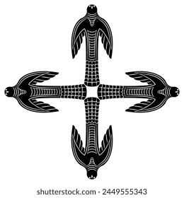 Square cross shape ornament with four stylized birds. Permian animal style. Ancient Siberian shamanistic totem. Black and white silhouette.