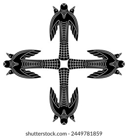 Square cross shape ornament with four stylized three headed birds. Permian animal style. Ancient Siberian shamanistic totem. Black and white silhouette.