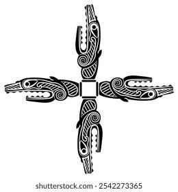 Ornamento em forma de cruz quadrada com quatro cabeças de dragões fantásticos. Desenho da etnia nórdica Viking da antiga Noruega. Silhueta em preto e branco.