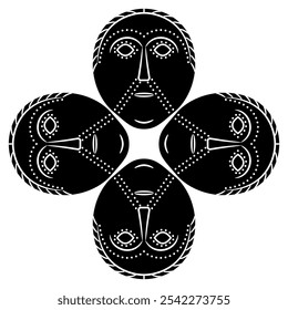 Square cross shape ornament with four Viking Norse or Celtic mask from ancient Dania. Stylized human face. Black and white silhouette.