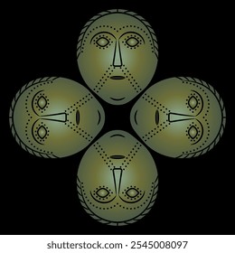 Square cross shape ornament with four Viking Norse or Celtic mask from ancient Dania. Stylized human face. 