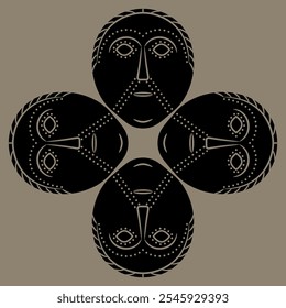 Square cross shape ornament with four Viking Norse or Celtic mask from ancient Dania. Stylized human face. Monochrome silhouette.