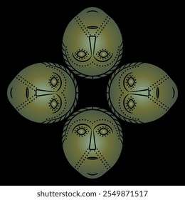 Square cross shape ornament with four Viking Norse or Celtic mask from ancient Dania. Stylized human face. 