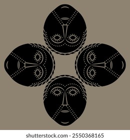 Square cross shape ornament with four Viking Norse or Celtic mask from ancient Dania. Stylized human face. Monochrome silhouette.