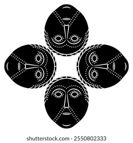 Square cross shape ornament with four Viking Norse or Celtic mask from ancient Dania. Stylized human face. Black and white silhouette.