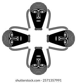 Square cross shape ornament with four Celtic heads. Mask of a deity from Gundestrup cauldron. European Iron Age symbol. Black and white silhouette.