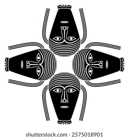 Square cross shape ornament with four Celtic heads. Mask of a deity from Gundestrup cauldron. European Iron Age symbol. Black and white silhouette.