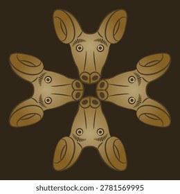Square cross shape ornament with four stylized heads sheep or ram. Medieval European animal design.