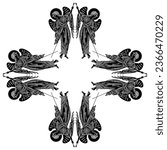 Square cross shape ornament or frame with winged medieval angels holding spears. Russian Orthodox Christian design. Black and white silhouette.