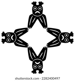 Square cross shape ornament or frame with four stylized owls. Ethnic ancient Siberian design. Permian animal style. Black and white silhouette.