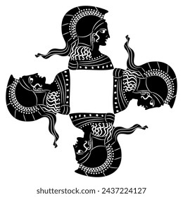 Square cross shape ornament or frame with four heads of goddess Athena or Minerva wearing helmet. Ethnic Ancient Greek vase painting style. Black and white silhouette.