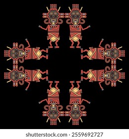 Square cross shape ornament or frame with two human figurines from Paracas. Twin heroes. Indigenous ethnic Native American design from ancient Peru. On black background.