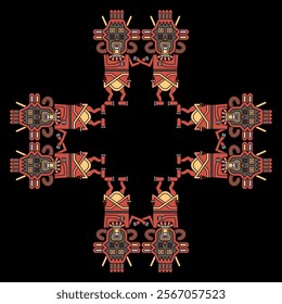 Square cross shape ornament or frame with two human figurines from Paracas. Twin heroes. Indigenous ethnic Native American design from ancient Peru. On black background.