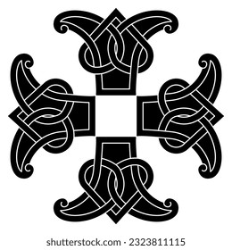 Square cross shape ornament with medieval Irish motifs. Illuminated manuscript style. Black and white silhouette.