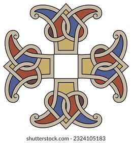 Square cross shape ornament with medieval Irish motifs. Illuminated manuscript style. Isolated vector illustration.