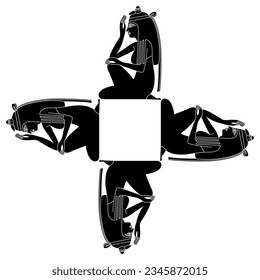 Square crosss shape ethnic ornament or frame with four seated ancient Egyptian women. Black and white silhouette.