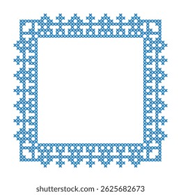 Square cross-stitch embroidery frame pattern in blue for decorative purposes