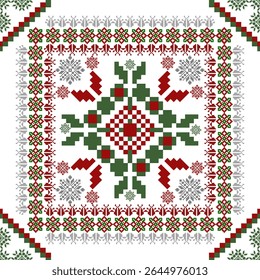 A square cross-stitch pattern in festive red and green tones, featuring symmetrical floral and geometric motifs framed by decorative borders, evoking a traditional holiday or folk art feel.