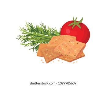 Square croutons with tomato and herbs. Vector illustration on white background.