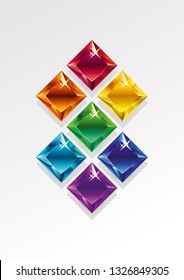 Square crystals of rainbow colours - red, orange, yellow, green, blue, violet gems