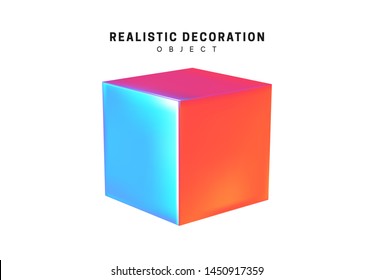 Square and cube. Realistic shape 3d objects with gradient holographic color of hologram. Decorative design elements isolated on white background. vector illustration