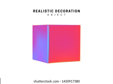 Square and cube. Realistic shape 3d objects with gradient holographic color of hologram. Decorative design elements isolated on white background. vector illustration
