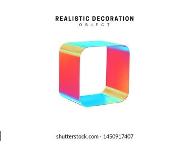 Square and cube. Realistic shape 3d objects with gradient holographic color of hologram. Decorative design elements isolated on white background. vector illustration